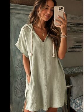 Tribal Jeans XS oversized 100% cotton Mint Green Hooded Gauze Cover up, $40